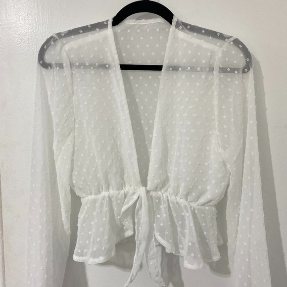 Women's Tie Knot Long Sleeve Deep V Neck Shirt - Picture 1 of 3